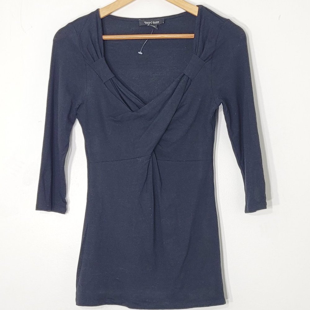 White House Black Market Women's Navy 3/4 Sleeve V-Neck Twisted Front Blouse XS
